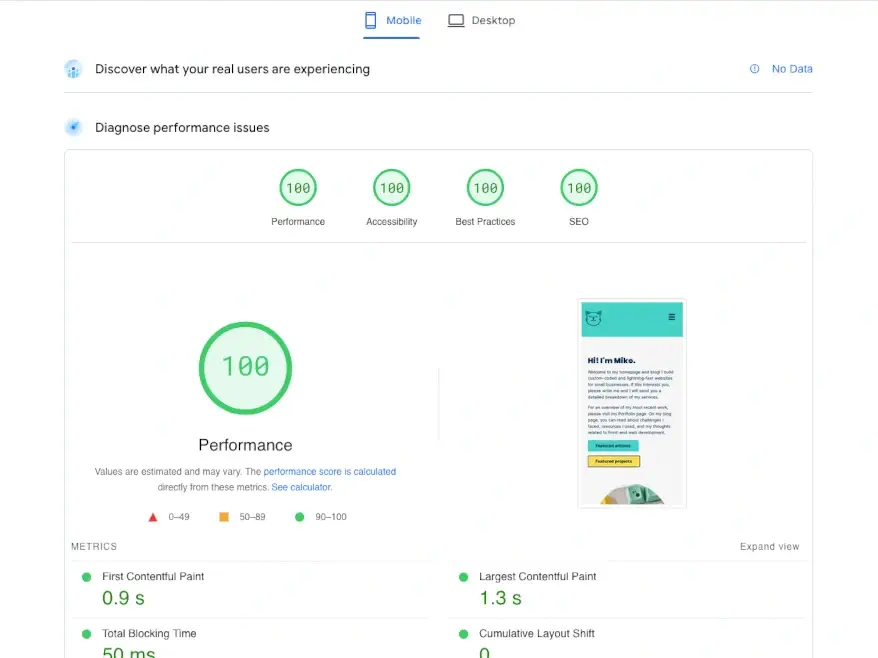 Screenshot of my mobile performance metrics