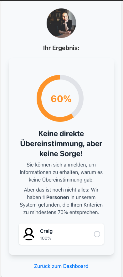 Screenshot of mobile screen when there is no match.