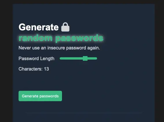 Screenshot of password generator app