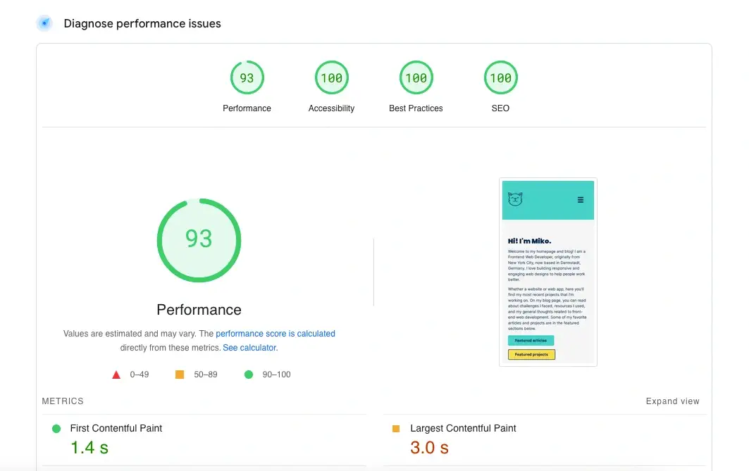 Screenshot of my mobile performance metrics