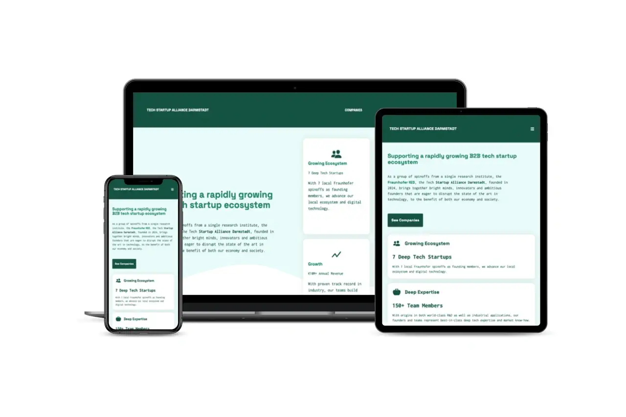Tech Startup Alliance Website on laptop, tablet and mobile